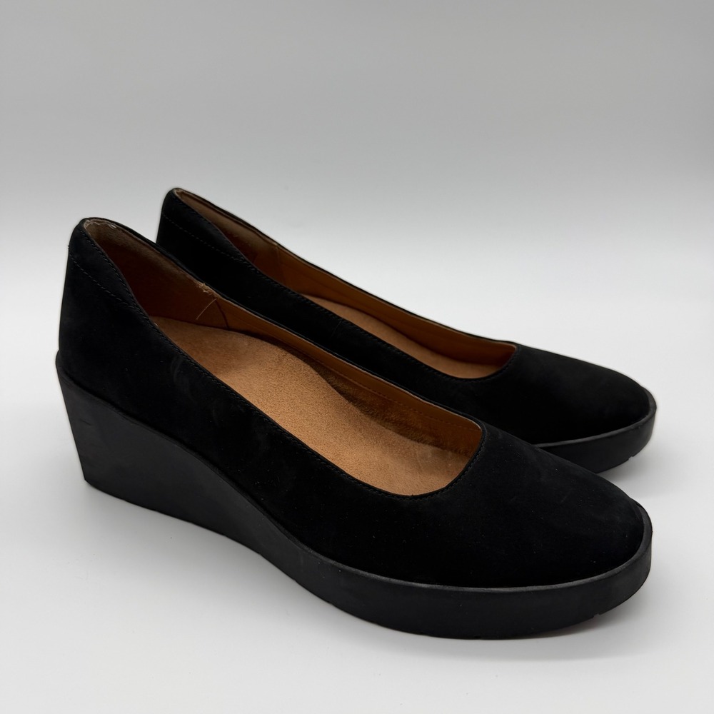 Vionic Black Nubuck Leather Platform Wedge Pumps 8.5 Comfort Office Minimalist